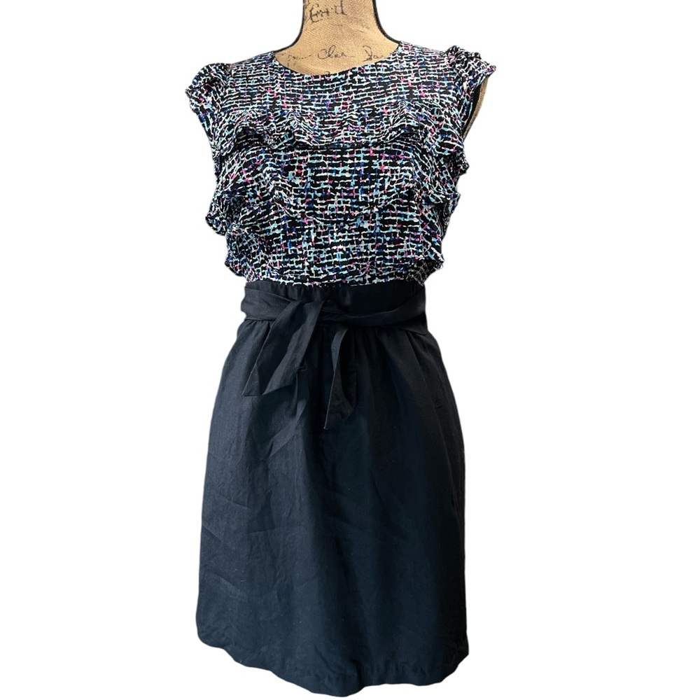 213 by Michelle Kim ruffled layers of pink and blue print on black dress.  Small